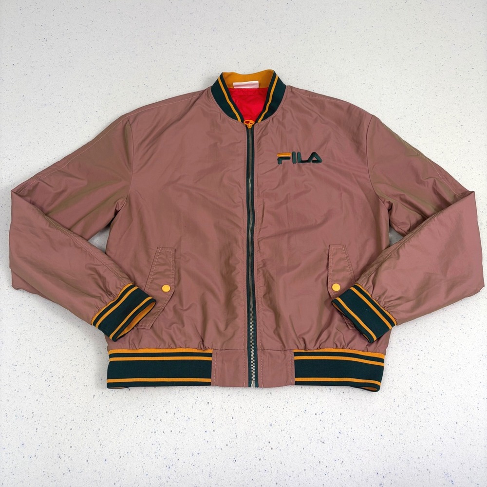 FILA Bomber Jacket Medium Mauve Nylon Full Zip Embroidered Logo Back Circle‎ Rib
